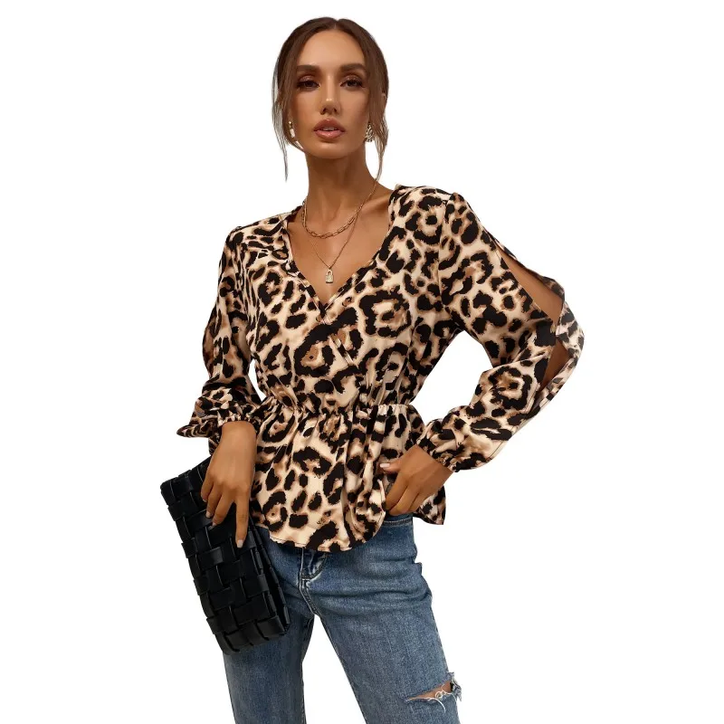 

Witbuy Polyester Leopard Printed Autumn Women Blouses V Neck Elastic Waist Hole Long Sleeve Casual Pullover Female Slim Shirts