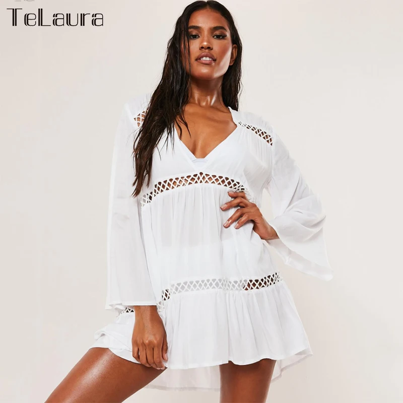 

2020 Beach Cover Up Lace Hollow Crochet Swimsuit Beach Dress Women Bikini Summer Ladies Cover-Ups Bathing Suit Beach Wear Tunic