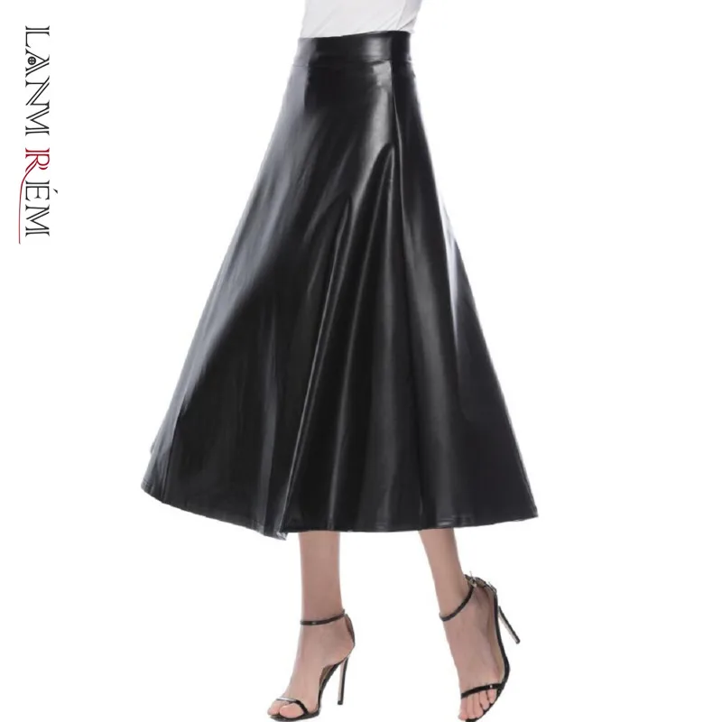 

LANMREM 2021 autumn fashion high waist pu-leather fashion street wear mid-calf length all-match black skirt for women 2A1912