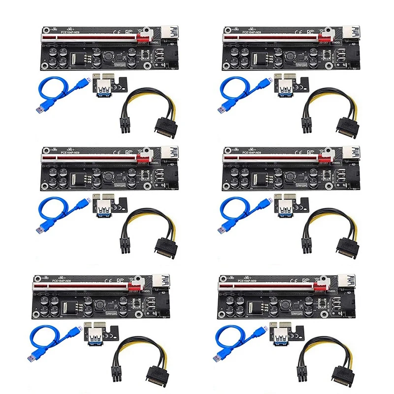 

PPYY-6 Pcs VER009S Plus PCI-E Riser Card PCI Express 1X to 16X with USB 3.0 Cable SATA to 6Pin Power Cable for Mining
