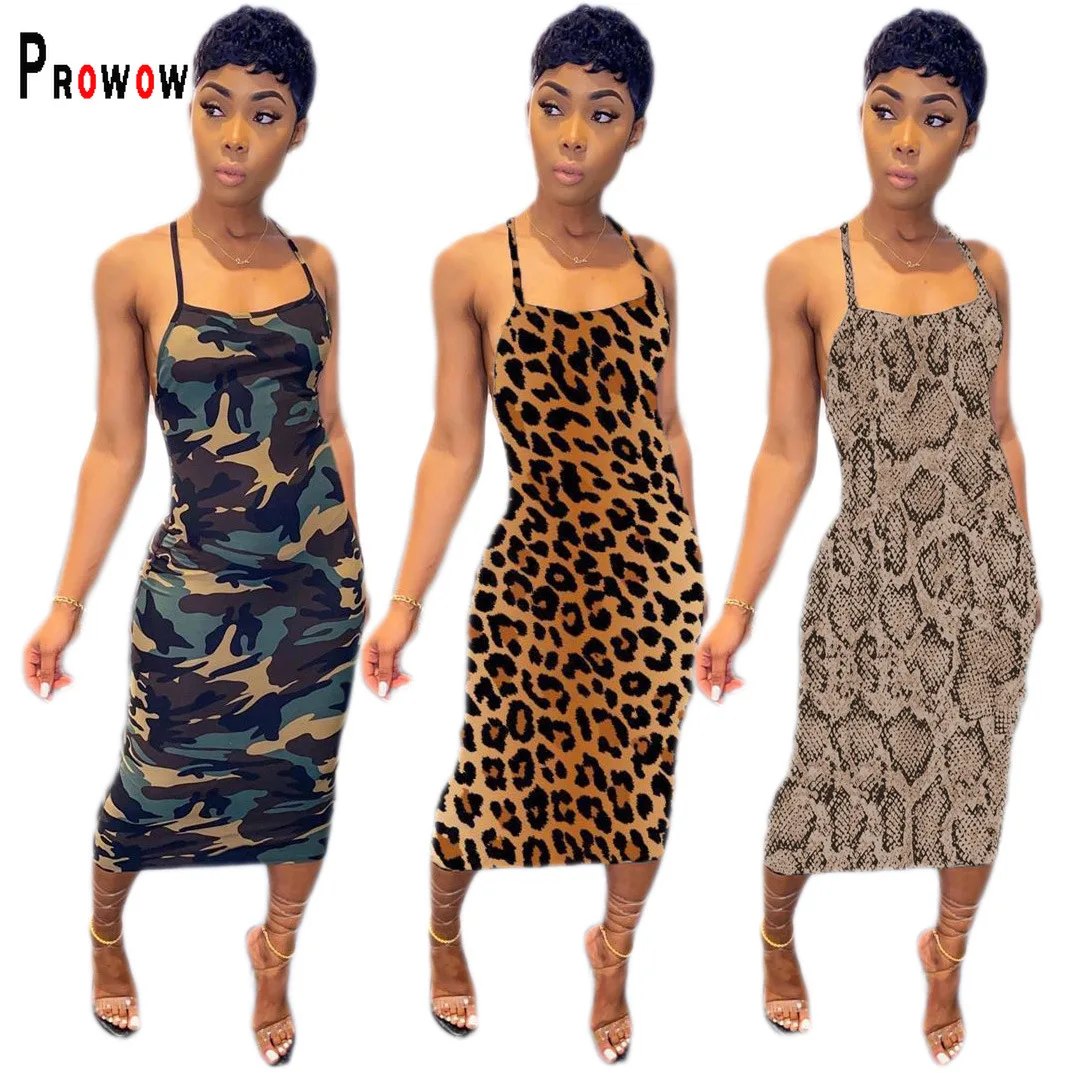 

Prowow Backless Women Dress 2021 New Summer Fashion Serpentine Printed Mid Dresses for Party Sleevelss Female Clothing Vestido