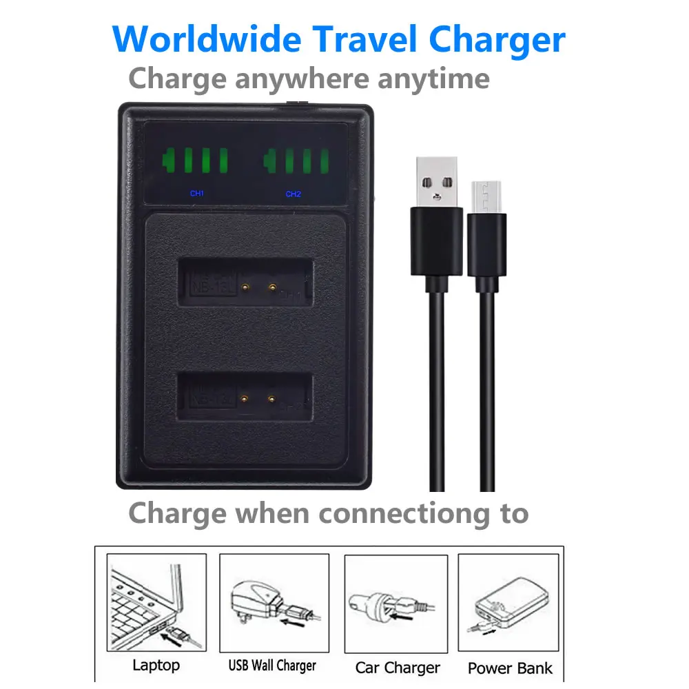 Набор из 4 шт. Батарея 1250 мА/ч + ЖК дисплей USB Зарядное устройство для Canon NB 13L CB 2LH