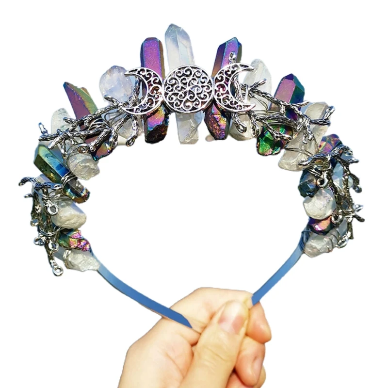 

Rainbow Contrast Color Plating Raw Crystal Headband Antique Silver Branches Moon Hair Hoop Crown Wedding Tiara Headpiece