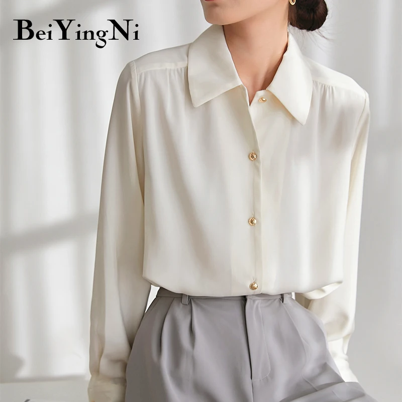 

Beiyingni 2022 Stylish Shirt Women Buttons Up Gentle Beige Blusas Plain High Street Office Ladies Shirts Turndown Collar Blouses
