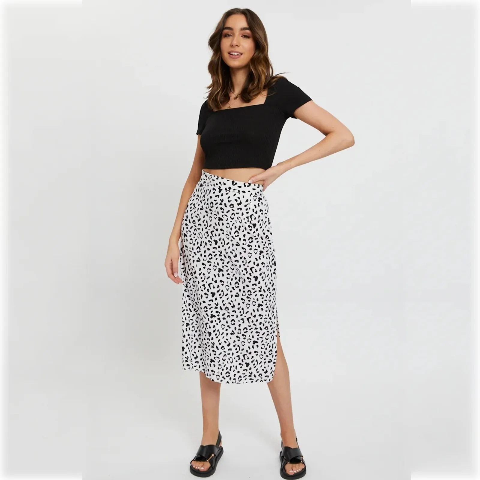 

2021 Ladies Skirts Cross-border Woman Leopard Printed Skirt Chiffon Print Split Skirt Sexy Mid-length Zipper High Waist Summer