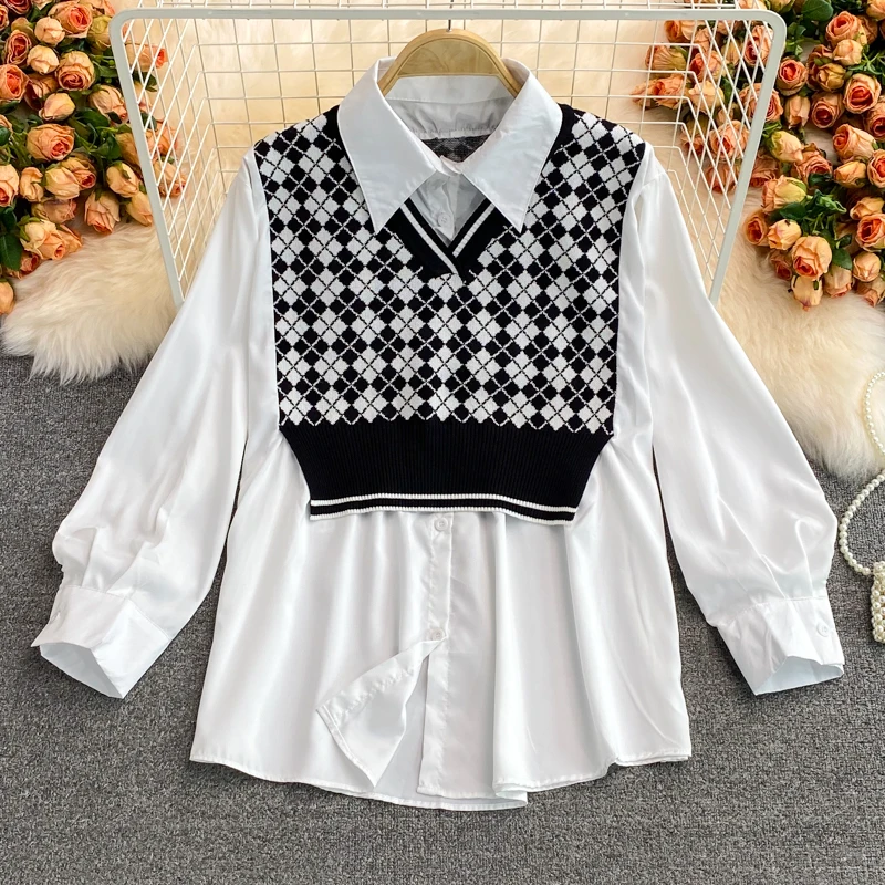 

Vintage Fake Two piece Blouse Women Spring Autumn Loose Long Sleeve Argyle Knitted Vest Blouse Patchwork Tops Shirts