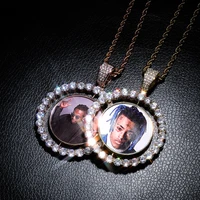 creative custom made photo pendants necklaces cubic zircon rotatable round necklaces double sided collier big size gifts jewelry