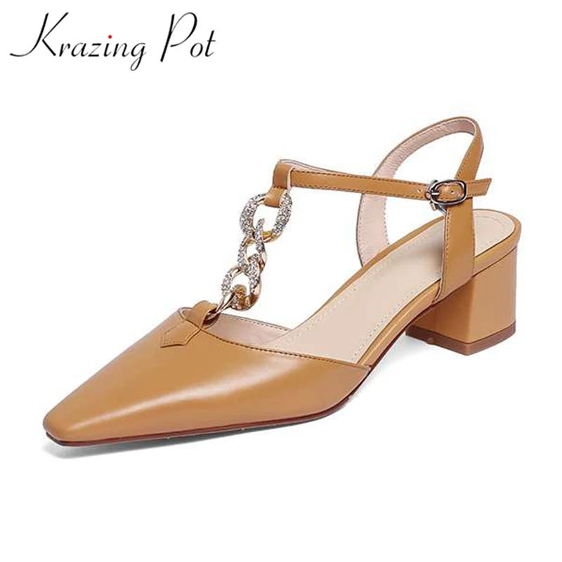 

Босоножки Krazing Pot женские из коровьей кожи на квадратном каблуке средней высоты, уличная одежда с цепочками и металлической пряжкой, сандали...