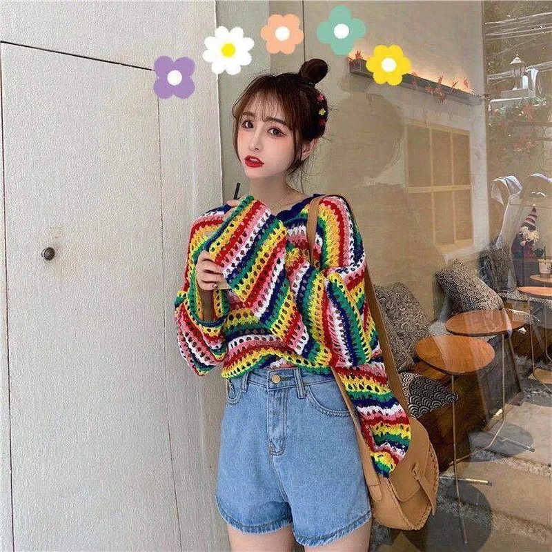 HOUZHOU Rainbow Women Sweetshirts Vintage Mesh Clothes Cute Knitted Top Oversize Long Sleeve Aesthetic Pullover Korean Fashion