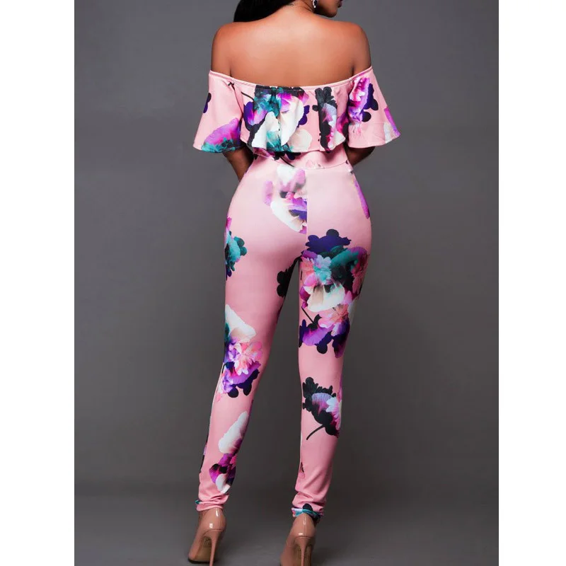 

Vintage Women Bodysuit Flower Print Off Shoulder Slash Neck Ruffles Jumpsuit