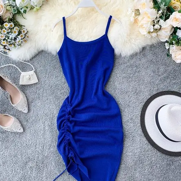 2019 Summer Retro Knitted Dress Women Stertch Bodycon Korean Mini Dresses Sleeveless Pleated High Waist Vestido AE824 | Женская одежда
