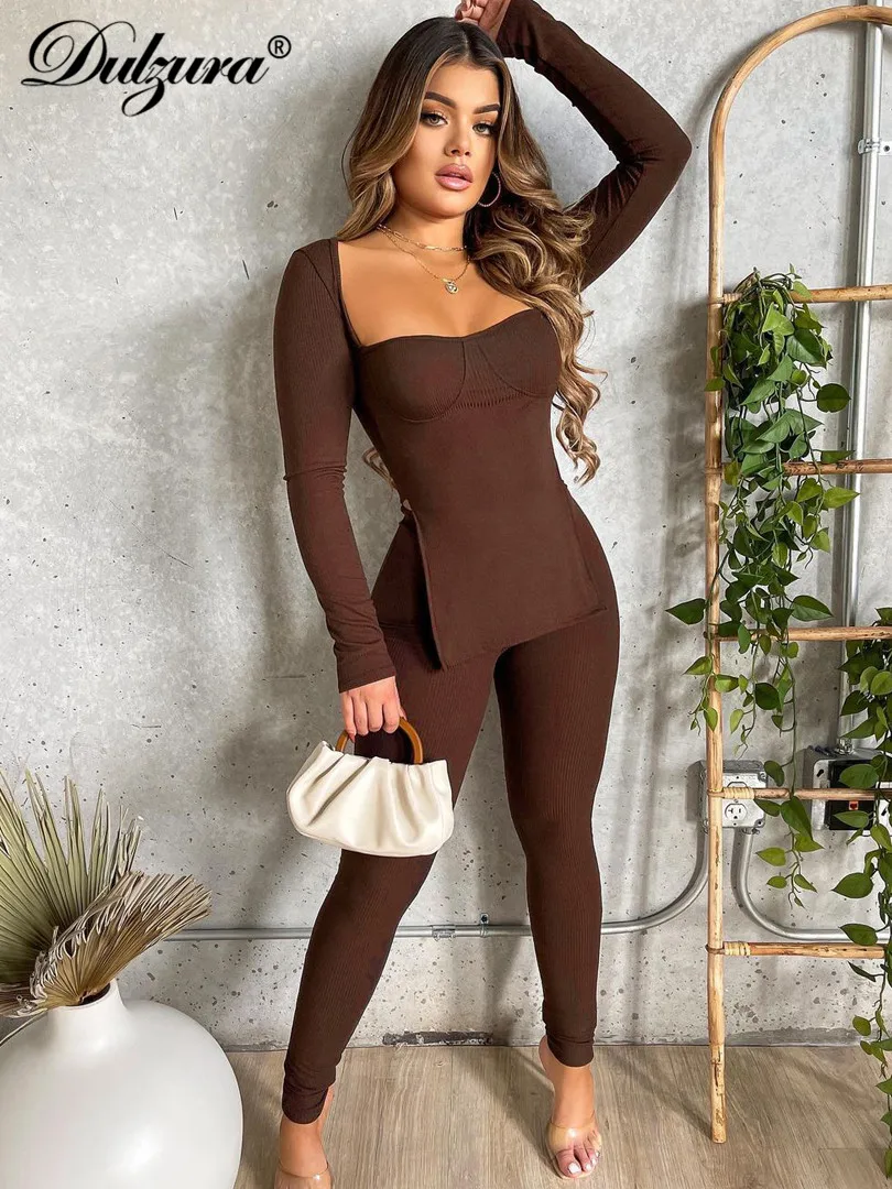 

Dulzura 2021 Autumn Winter Women Solid Ribbed 2 Piece Long Sleeve Slit Tops Leggings Set Tracksuit Sportswear Activewear Outfits
