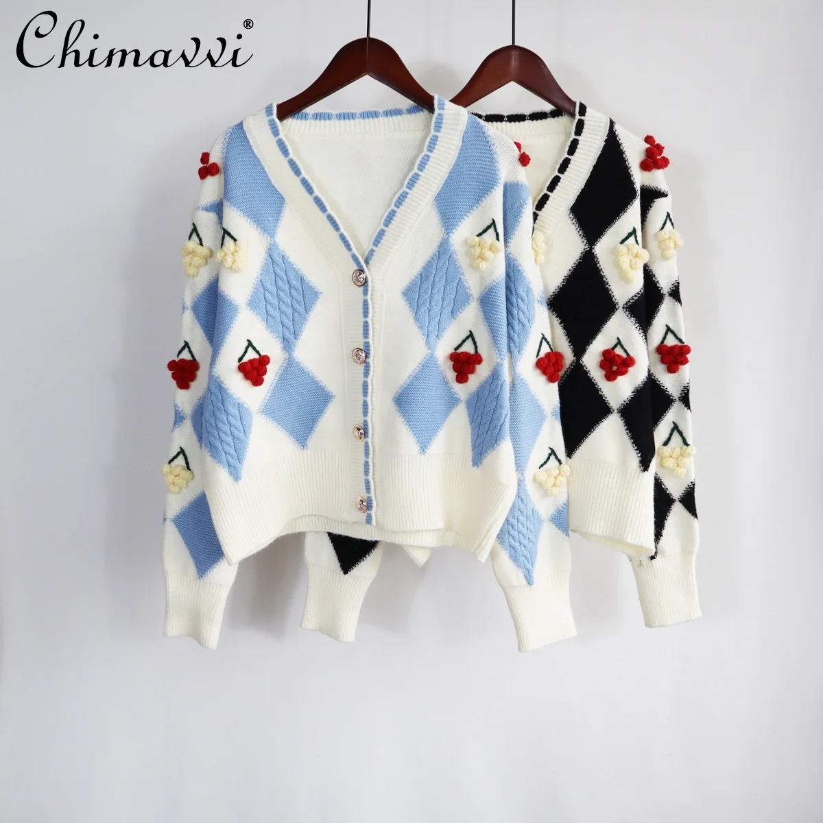 

Cherry Crochet Knitted Cardigan for Women 2021 Autumn Winter Korean Sweater Coat Ladies Long Sleeve Women's Winter Jackets 2021