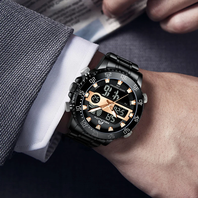 Цена оптовой продажи мегалитическая Нержавеющая сталь Черный Мужские часы