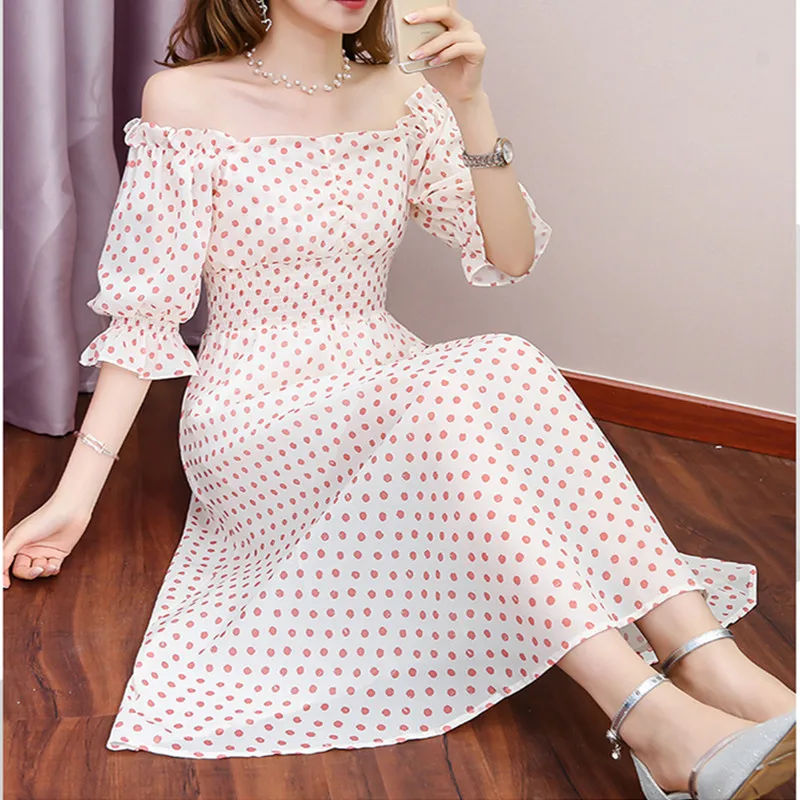 Женские шифоновые платья с оборками в горошек брюки клеш эластичным поясом