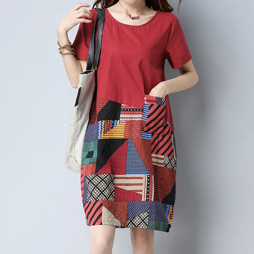 Женское винтажное платье повседневное хлопково-льняное с круглым вырезом в