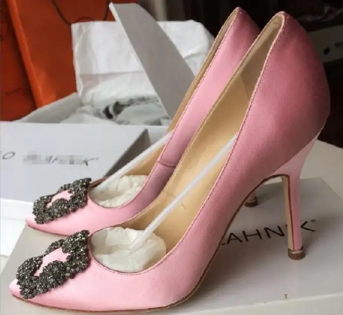 pink Новые Классические брендовые туфли-лодочки женские туфли на высоком каблуке 10 см свадебные туфли с квадратной пряжкой и стразами туфли на тонком каблуке 35-42 в коробке - Цвет: pink