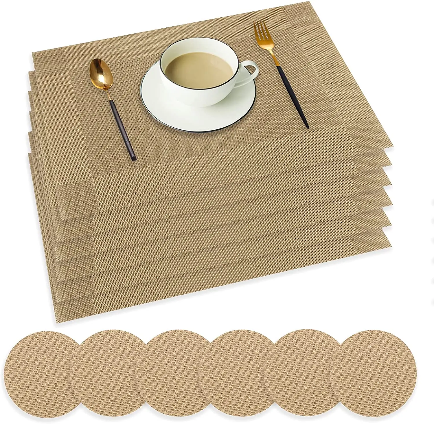

Set of 6 Gold Placemat Washable PVC Dining Table Set Weave Mats Diagonal Frame Teslin Cloth Disc Bowl Coaster Non-slip Pad