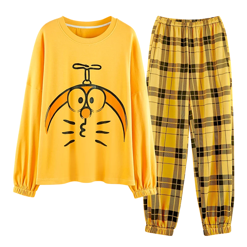 

Seeslim Cartoon Doraemon Pajamas Long Sleeves Long Plaid Pants Round Neck Women's Pyjama Set Loungewear Pijamas Soft Sleepwear