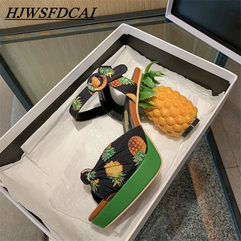 

HJWSFDCAI Pineapple High Heels Buckle Strap Sandals 2021New Pink Printed Peep-Toe Pumps Summer Fish Mouth Shoes Women Sandals