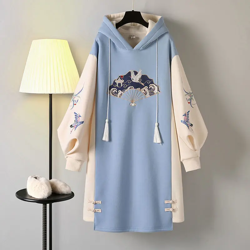 

Chinese Style Hooded Stitching Vestido Tracksuits Embroidery Sweatshirt Dress Buckle Thick Harajuku Oversized Warm Long Pullover