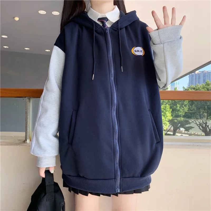 Harajuku Hoodies Casual Winter Sweatshirt Zipper Pocket Sweatshirt Solid Color Coating Korean Loose Wild Sweetshirt for Girls