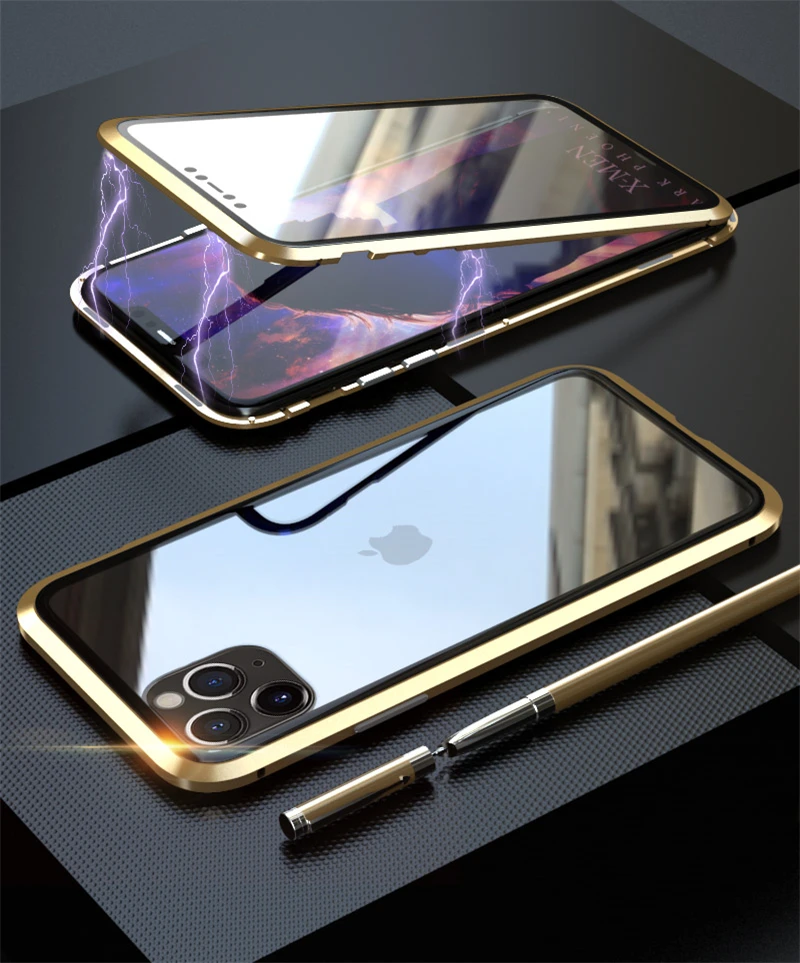 Магнитный металлический 360 чехол для iPhone 11 7 8 Plus X 10 XS Max прозрачный стеклянный чехол для iPhone11 Pro Чехол алюминиевый бампер