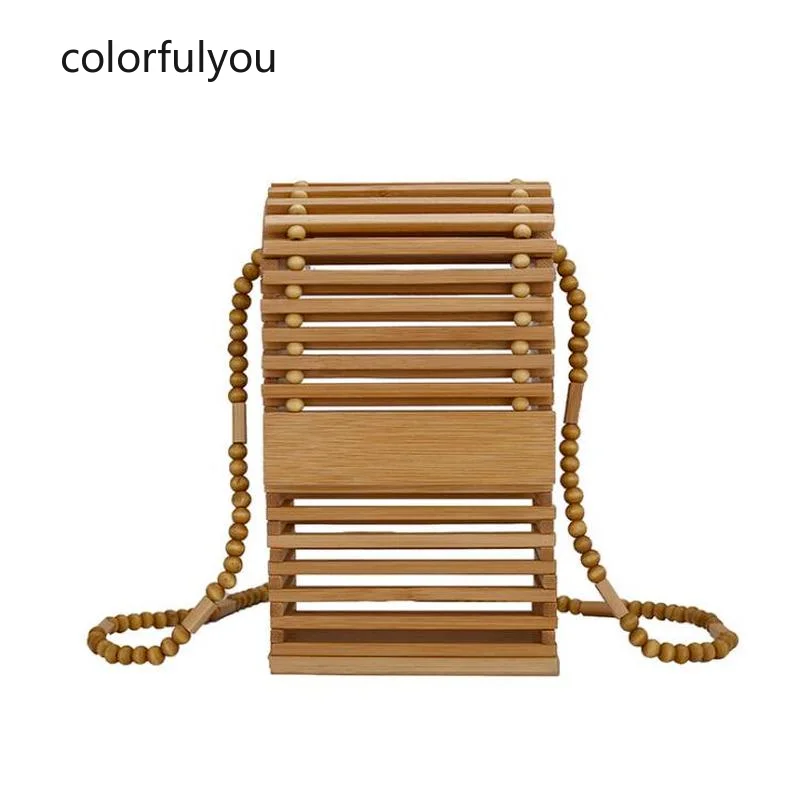 

2021 New Hollow Bamboo Shoulder Bag Ladies Beaded Chain Crossbody Bags Fashion Vacation Beach Bag Purses and Handbags Wood Color