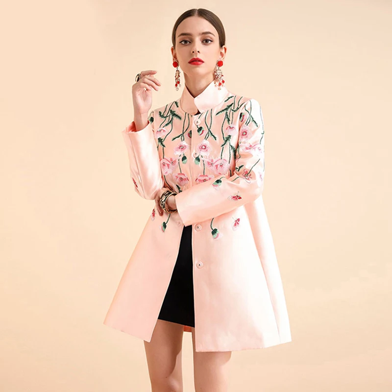 Pink AELESEEN Весенняя Офисная Женская ветровка для подиума с цветочным узором Роскошная Цветочная вышивка воротник стойка длинное пальто для женщин - Цвет: Pink