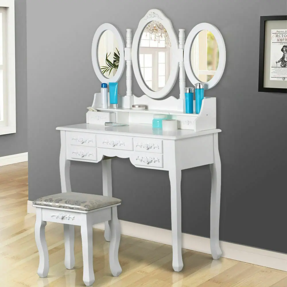 

Yonntech Women Elegant White Dressing Table with 3 Oval Mirrors 7 Drawers Dressing Stool Bedroom furniture Jewelry Dresser