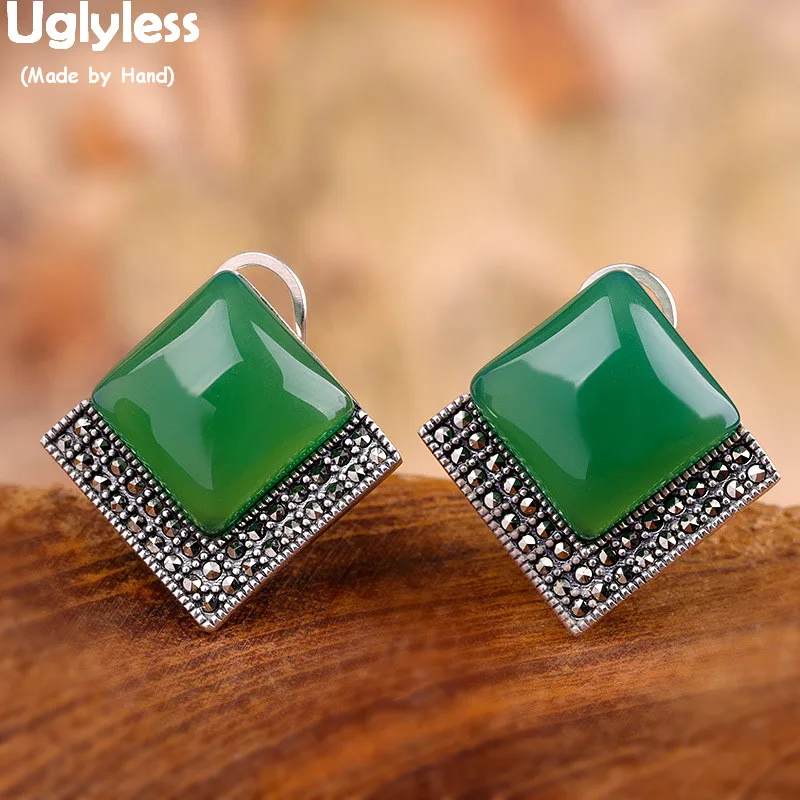 

Uglyless Classic Geometric Square Studs Earrings for Women Chalcedony Earrings Thai Silver 925 Silver Brincos Fine Jewelry E1482