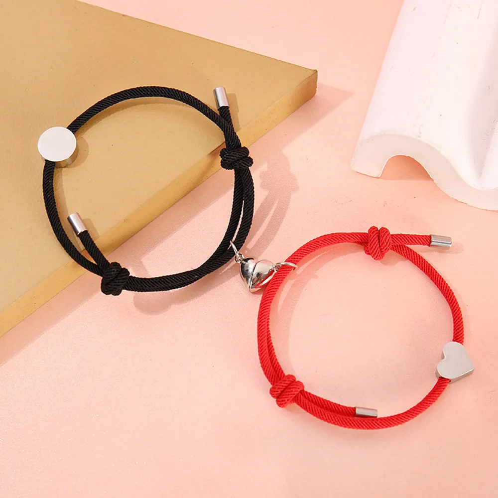 

2PCS Magnetic Couple Bracelets Ajustable Rope Bracelet Heart Magnet Valentine's Day Birthday Festival Gift for Friends Women Men