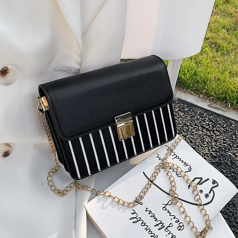 

Striped Pu Leather Women's Messenger Bag Fashion New Mini Clamshell Square Bag Luxury Chain Shoulder Bag