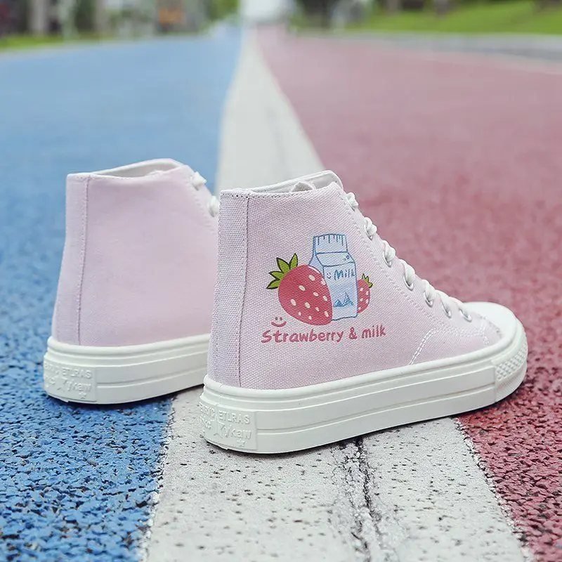 

Japanese Style Women Sweet Lolita Flat Shoes Cartoon Milk Strawberry Print Canvas Shoe Girly Kawaii Student High Top Shoes Cos