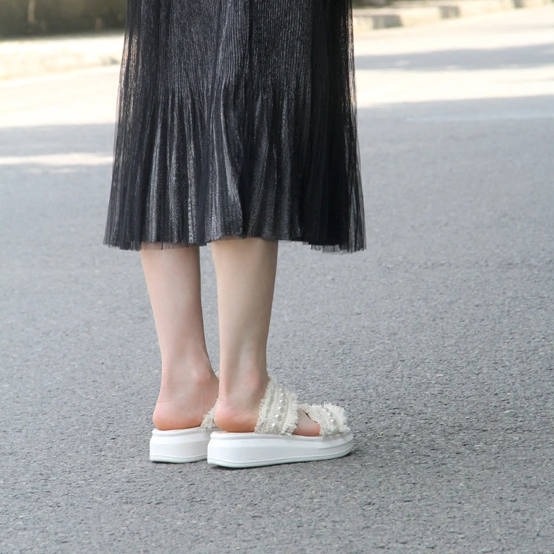

Pearl Slippers Women Summer Platform Shoes Hemp 2019 New Fashion Flat Slides Women Basic Slippers Black Ladies Shoes Big Size 43
