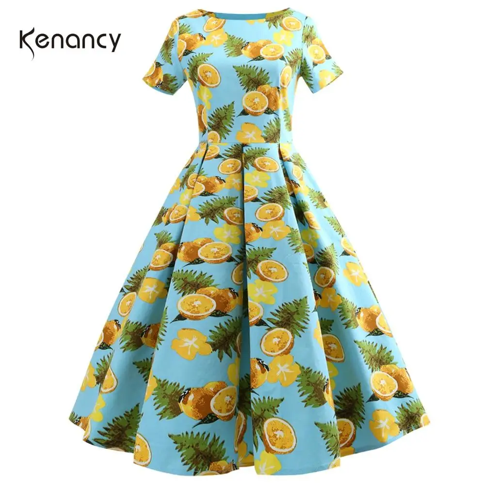 Kenancy женское платье с лимонным принтом винтажное лето осень пин ап Feminino Vestidos 50 s