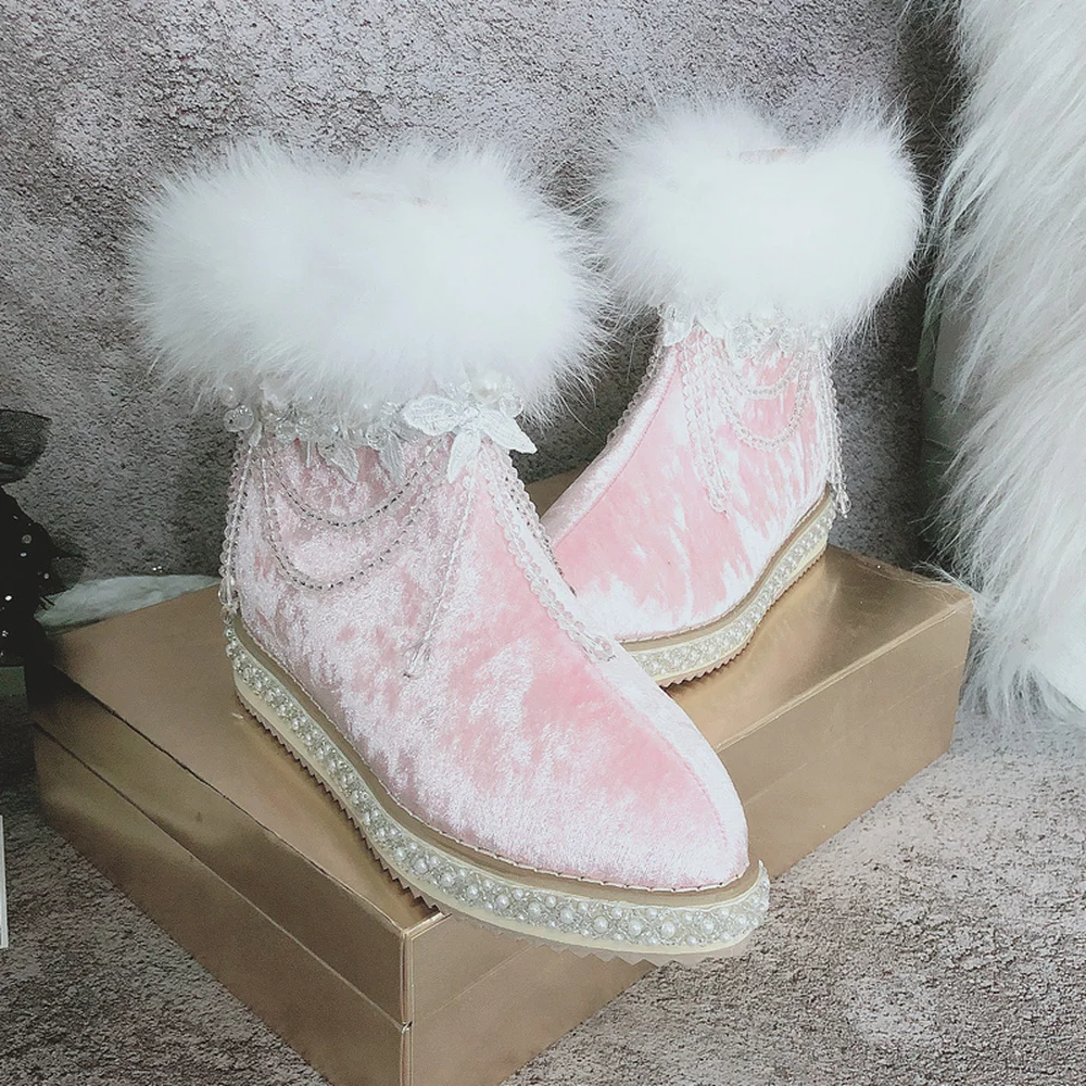 

OEING Womens Real Fox Fur Velvet Leather Ankle Boots Pearls Tassels Hidden Heel Warm Winter Snow Shoes Lolita Sweet Thick Furry