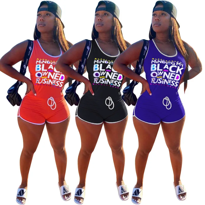 

One Piece Women's Clothing Sexy Sleeveless Vest Collar Personalized Letter Printing Fashion Lace Sports Casual Short Jumpsuit