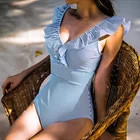 Женский слитный купальник с V-образным вырезом, в синюю полоску