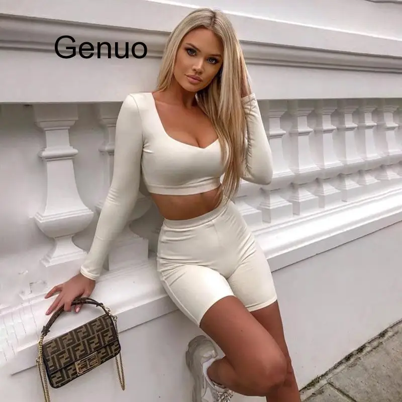 Two Pieces Casual Tracksuit Women Set Black Plus Size Long Sleeve Crop Top And Shorts Set Party Club Two Piece Outfits