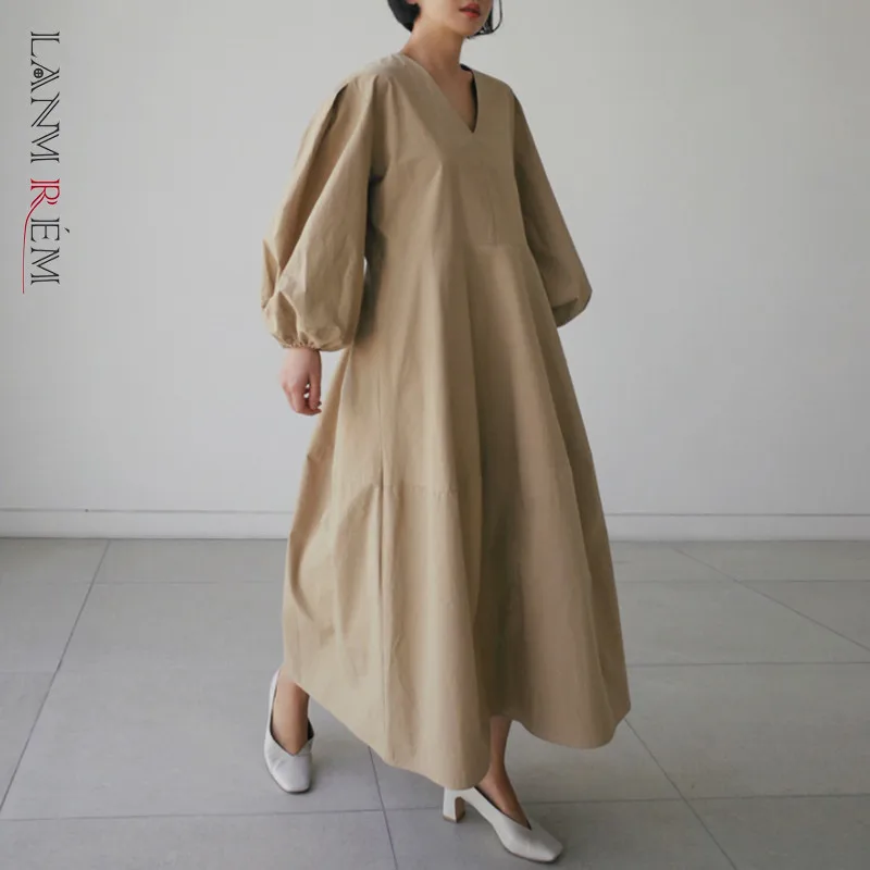 

LANMREM V-necklanting Sleeves 2022 Новое весеннее модное женское платье свободная рубашка платье выше колена длинные платья YJ922