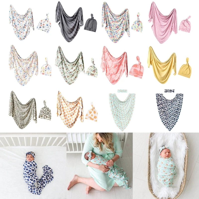 

2 Pcs Baby Blanket + Hat Set Swaddle Wrap Newborn Infant Muslin Floral Cotton Towel Sleeping Bag