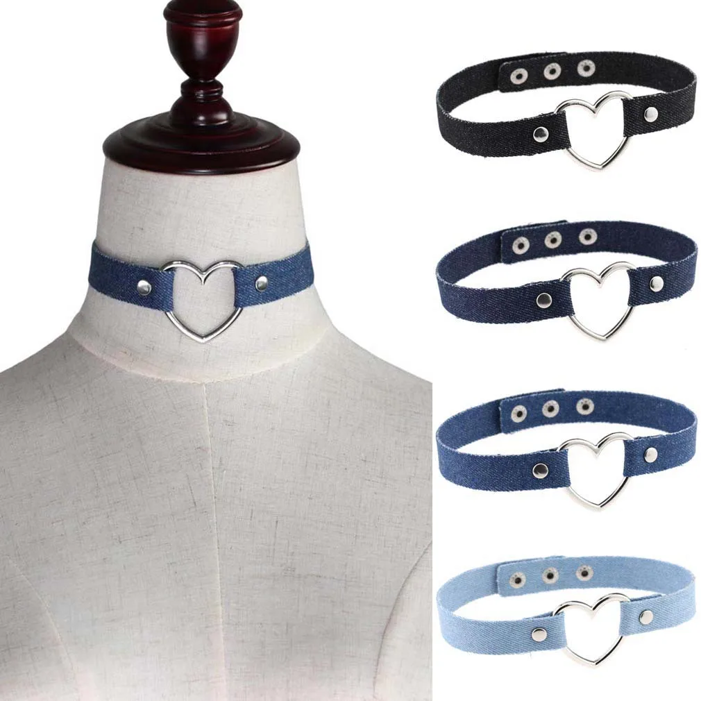 

New Blue Denim Heart Pendant Choker Necklace For Women Jeans Chokers tattoo Collar Collier ras de cou colar bijoux femme