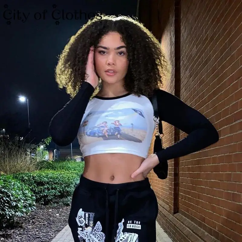 

Y2K Patchwork Cross Bandage Crop Tops Women Autumn 2021 Long Sleeve Round Neck Car Cow Girl Print T-Shirts Navel Tees