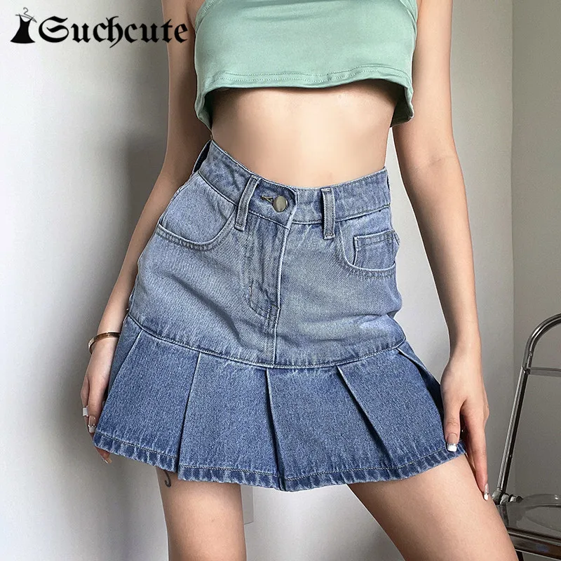 

SUCHCUTE Vintage Women Kawaii Pleated Skirts Korean Style Hight Waist Streetwear Outfits Harajuku Casual Denim Skirts Clothes