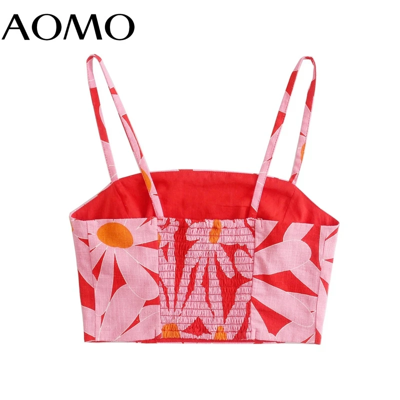 

AOMO Women Flower Print Bralette Camis Crop Top Spaghetti Strap Sleeveless Backless Short Shirts Tops AB48A