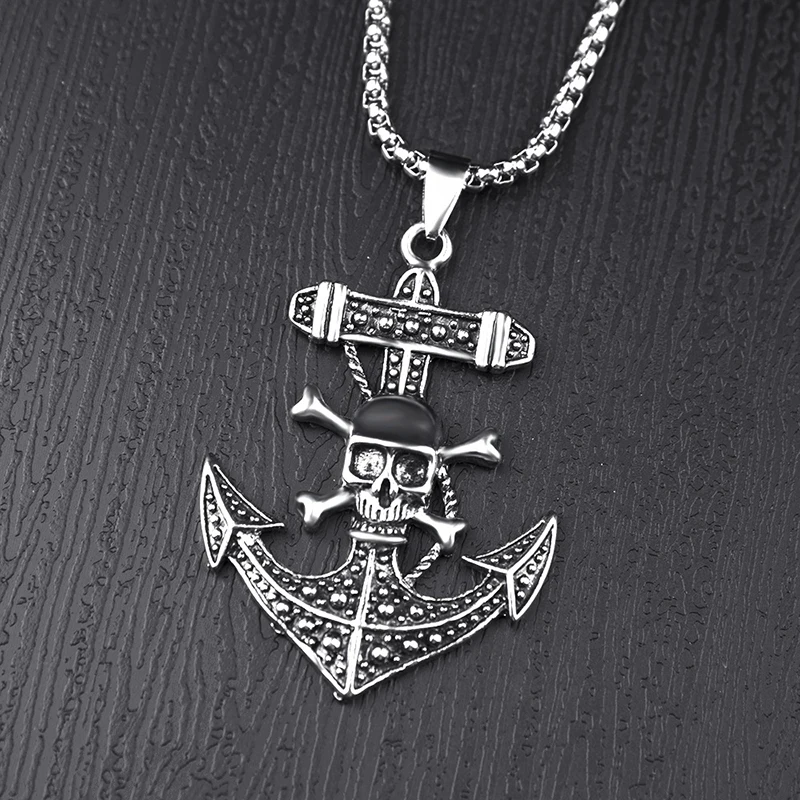 

New Pirate Ship Anchor Pendant Retro Crow Stainless Steel Cross Skull Necklace Gift