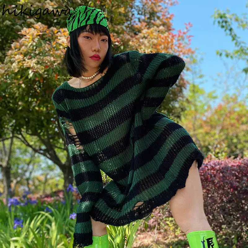 

Hikigawa Long Striped Pullovers Women Punk Harajuku Knitted Sweater Tops Streetwear Hole BF Fashion Jumper 2021 Pull Femme 96827
