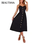 BEAUTANA миди платье-комбинация для девочек 2021 летние однотонные в черно-белую полоску Спагетти ремень Кнопка; Платья трапециевидной формы; Vestidos пляжное длинное платье-туника для женщин