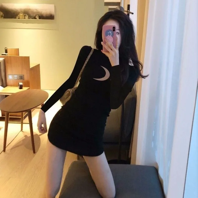 

2021 Spring Autumn Korean New Sexy Long Sleeve O-neck Printing Bodycon Dress Slim High Waisted Mini Dresses for Women Y735